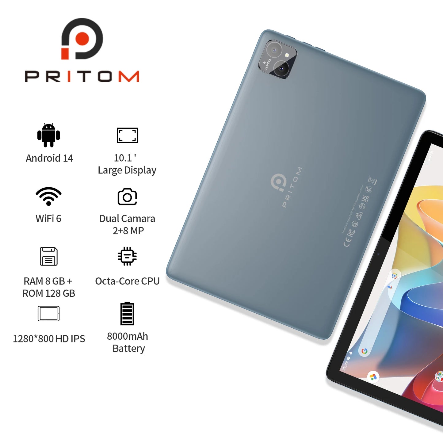 2025 PRITOM TAB11 Android 14 Tablet 10 Inch, 8GB(4+4 Expand) RAM + 128GB ROM, Octa Core, 5G WiFi, with Keyboard, Mouse, Case