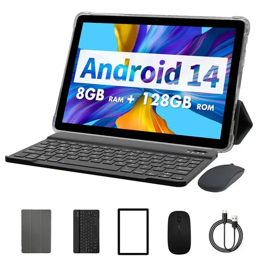 2025 PRITOM TAB11 Android 14 Tablet 10 Inch, 8GB(4+4 Expand) RAM + 128GB ROM, Octa Core, 5G WiFi, with Keyboard, Mouse, Case
