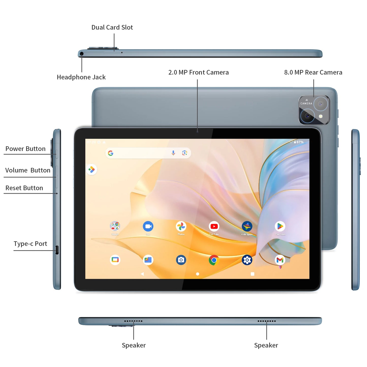 2025 PRITOM TAB11 Android 14 Tablet 10 Inch, 8GB(4+4 Expand) RAM + 128GB ROM, Octa Core, 5G WiFi, with Keyboard, Mouse, Case