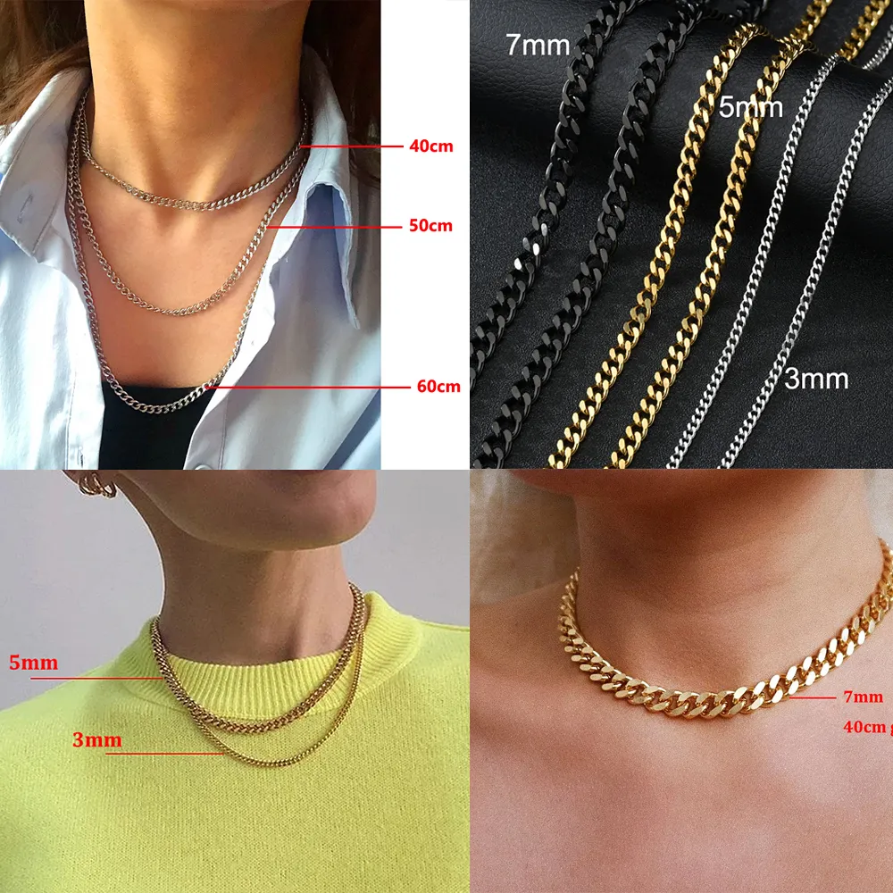 Gargantilla de cadena de eslabones cubanos de 3mm/5mm/7mm para mujeres y hombres, cadenas Punk de acero inoxidable, joyería Punk